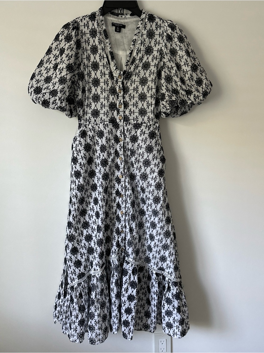 Karen Millen Button Up Maxi Dress Eyelet V Neck Waist Tie Pocket USA sz 2 Petite